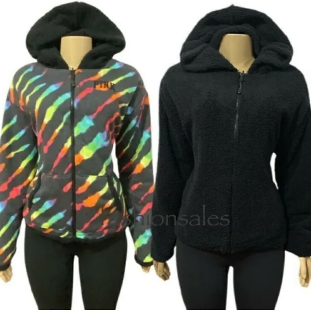 Victorias SecretΒ Pink Reversible cozy Sherpaβhoodie jacket zip blackβmulticolor